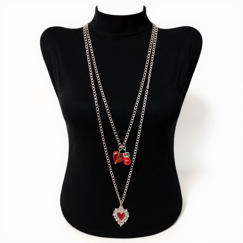 Chic Silver and Red Double Heart Necklace